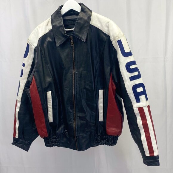 Vintage Leather USA Flag Bomber Jacket Leather King Biker Coat - Picture 2 of 14